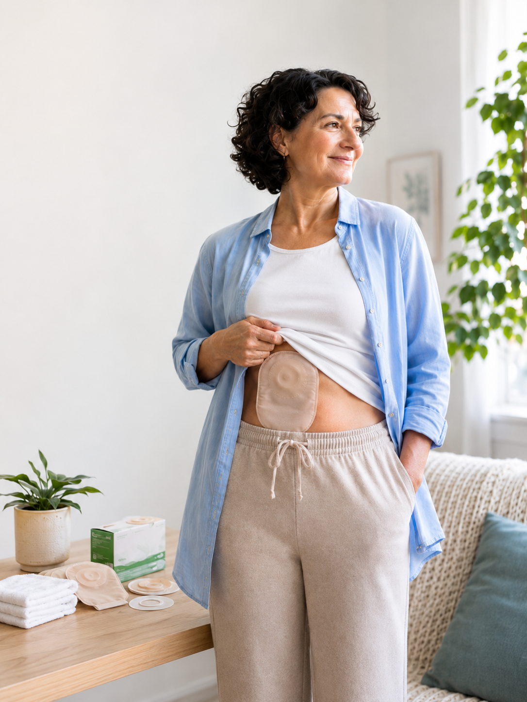 Mujer utilizando una bolsa de ostomía